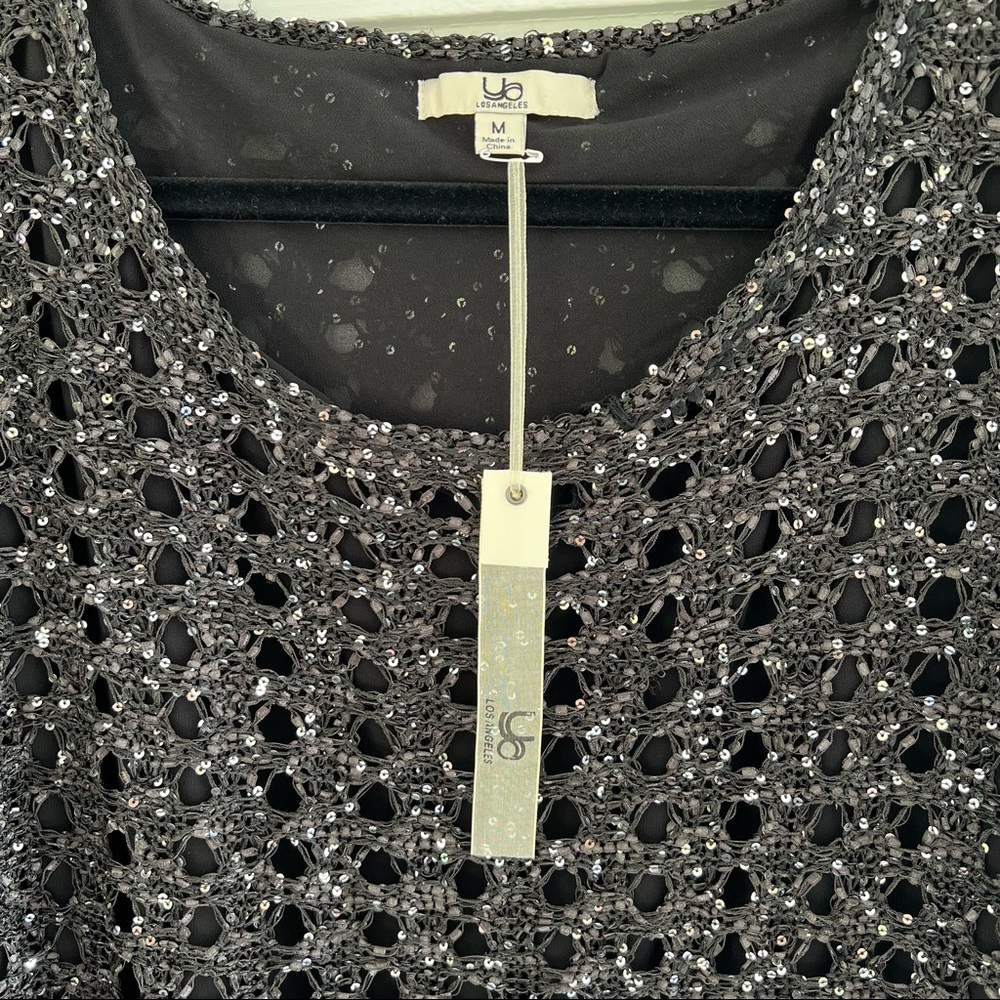 NWT Black Sequin Knit & Chiffon Lightweight Sweater Top - Holiday Style - Picture 3 of 11